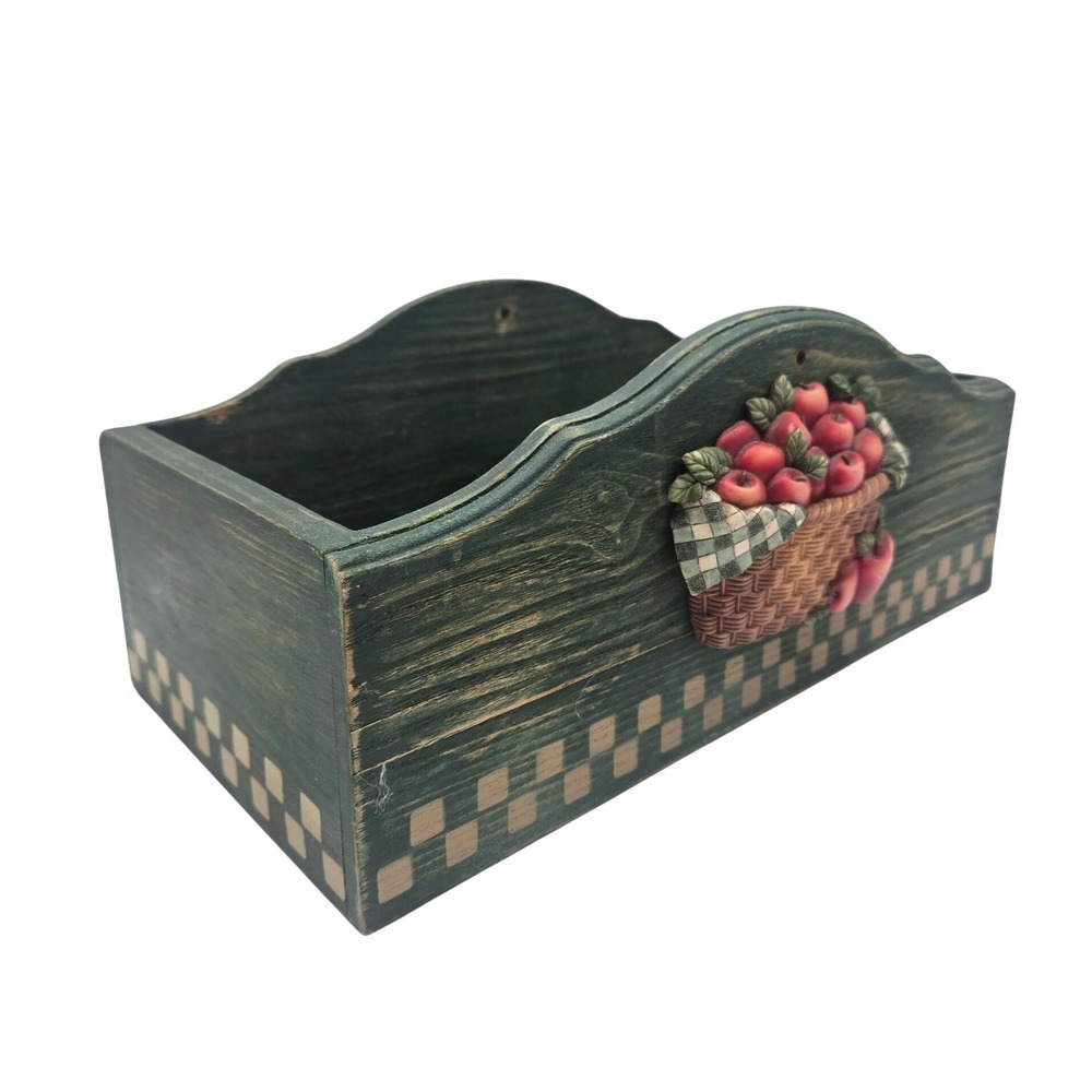 Vintage Country Rustic Green Wooden Caddy Apple Basket Farmhouse Primitive